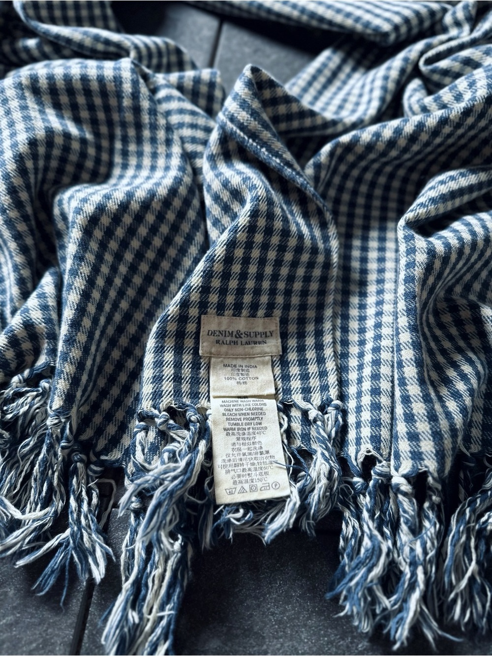 Denim & Supply Ralph Lauren Navy and White Gingham Cotton Scarf with Fringe